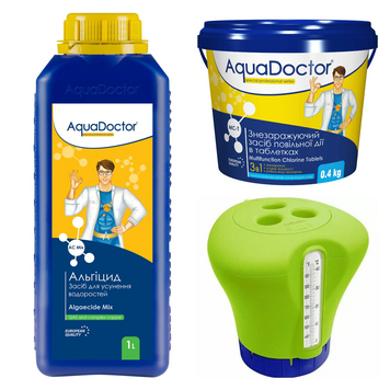Набір хімії для басейну AquaDoctor 3 в 1 (Альгіцид, Хлор повільної дії 3 в 1, Дозатор-термометр) 28854-32 фото