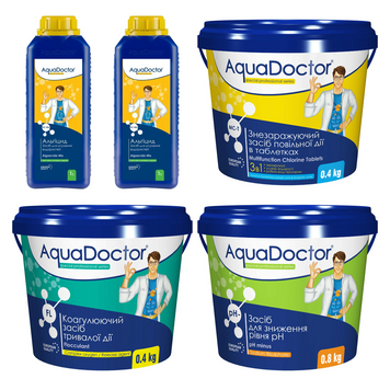Набір хімії для басейну AquaDoctor 4 в 1 (Альгіцид, pH Minus, Хлор повільної дії, Коагулянт) 28854-9 фото