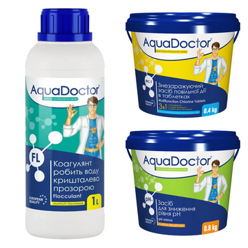 Набір хімії для басейну AquaDoctor 3 в 1 (Коагулянт FL, pH Minus, Хлор повільної дії) 28854-13 фото