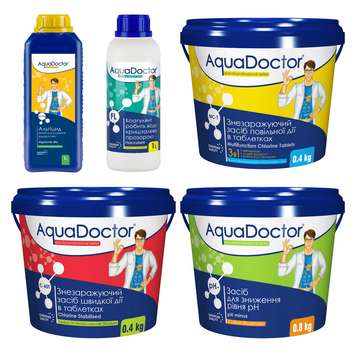 Набір хімії для басейну AquaDoctor 5 в 1 (Альгіцид, pH Minus, Хлор швидкої та повільної дії, Коагулянт FL) 28854-15 фото