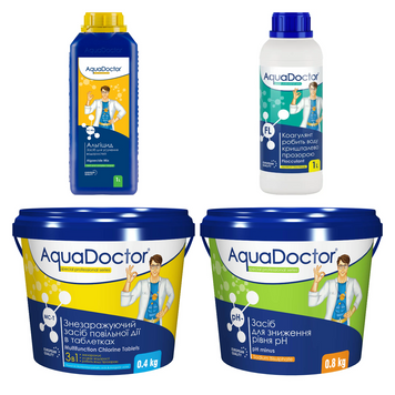 Набір хімії для басейну AquaDoctor 4 в 1 (Альгіцид, Коагулянт FL, pH Minus, Хлор повільної дії 3 в 1) 28854-16 фото