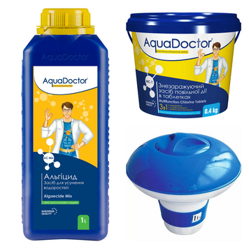 Набір хімії для басейну AquaDoctor 3 в 1 (Альгіцид, Хлор повільної дії 3 в 1, Дозатор) 28854-19 фото