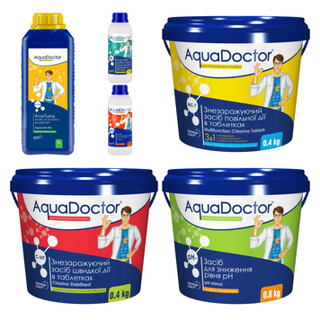 Набір хімії для басейну AquaDoctor 6 в 1 (Альгіцид, Коагулянт FL, StopMetal, pH Minus, Хлор швидкої та повільної дії) 28854-21 фото