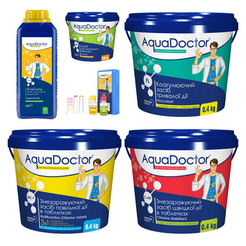 Набір хімії для басейну AquaDoctor 6 в 1 (Альгіцид, pH Minus, Хлор швидкої та повільної дії, Коагулянт, Тестер) 28854-21 фото