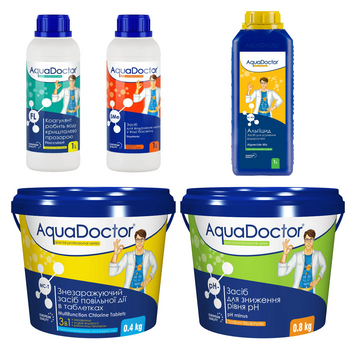 Набір хімії для басейну AquaDoctor 5 в 1 (Альгіцид, Коагулянт FL, StopMetal, pH Minus, Хлор повільної дії 3 в 1) 28854-23 фото