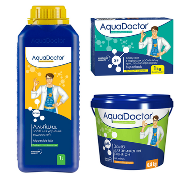 Набір хімії для басейну AquaDoctor 3 в 1 (Альгіцид, Коагулянт в картушах Superflock, pH Minus) 28854-24 фото