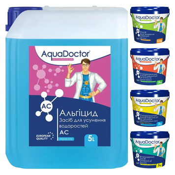 Набір хімії для басейну AquaDoctor 5 в 1 (Альгіцид, pH Minus, Хлор швидкої C-60 та повільної дії MC-T, Коагулянт) 28854-7 фото