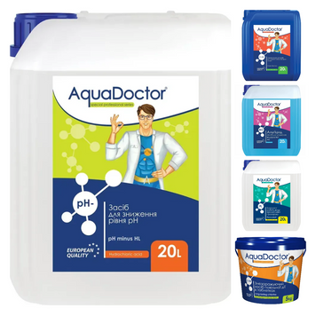 Набір хімії для басейну AquaDoctor 5 в 1 (Альгіцид, pH Minus, Гіпохлорит натрію C-15L, Хлор повільної дії C-90T, Коагулянт) 28854-8 фото